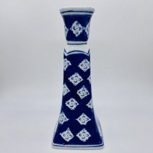 Vintage Silvestri Handcrafted Porcelain Candle Holder Blue White 8"